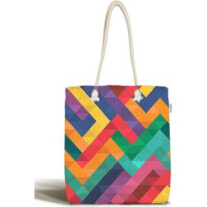 Schoudertas dames met rits - Kleurrijke rechthoeken - Canvas 45x50 - Strandtas - Shopper tas - Dames tassen - Zomer - Hobby