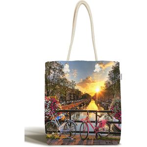 Schoudertas dames met rits - Amsterdam bedrukt strandtas - Canvas 45x50 - Strandtas - Shopper tas - Dames tassen - Zomer - Hobby