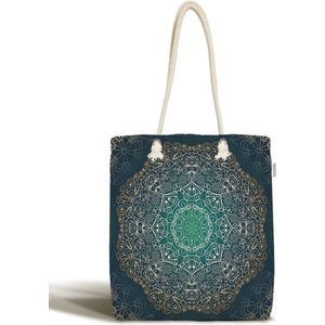 Schoudertas dames met rits - Gold mandala op donkerblauw - 45x50 - Strandtas - Shopper tas - Dames tassen