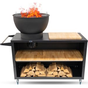 HEAT Outdoor Living Trolley Zwart - Buitenkeuken - Barbecue met Plancha en Grill - Barbecuegrill op wielen - Stalen buitenkeuken - 117x46x106 cm (Zwart)