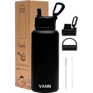 VANN® 3-Wandige Waterfles 1 liter met rietje voor volwassenen – Met 5 accessoires – Bidon RVS – 24 uur koud/12 uur warm – Zwart