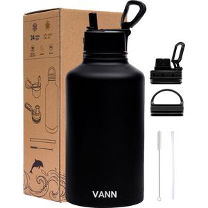 VANN® 3-Wandige waterfles 2 liter met rietje voor volwassenen – Met 5 accessoires + 25 recepten – RVS waterjug 2L – Zwart – Ultimate Bottle™