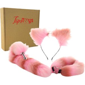 TipsToys Buttplug 3 Delige set - Staart Haarband met Oren en Halsband Kleur Roze/Bruin