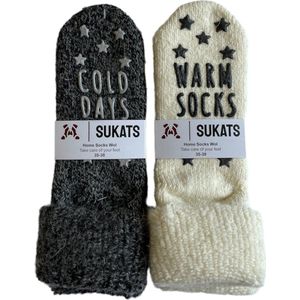 Sukats® Huissokken - Homesocks - 2 Paar - Maat 35-38 - Off White/Antraciet - Wollen Sokken - Dames Huissokken - Slofsokken - Meerdere Maten en Varianten - Verwarmde Sokken