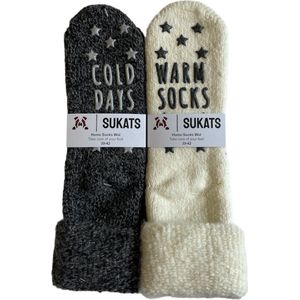 Sukats® Huissokken - Homesocks - 2 Paar - Maat 39-42 - Off White/Antraciet - Slofsokken - Wollen Sokken - Dames Huissokken - Slofsokken - Meerdere Maten en Varianten - Verwarmde Sokken