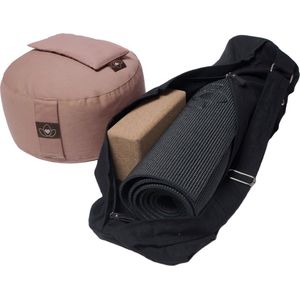 Luxe pakket yogamat, meditatiekussen, blok, oogkussen en tas - zwart
