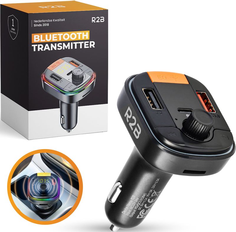 R2B® Bluetooth FM Transmitter Auto - Autolader - Carkit - Receiver - Met USB C en USB A & Micro SD Poort - Autoaccessoires