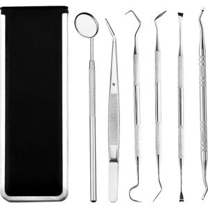 6 Delige RVS Tandarts Set met Etui - Tandartshaakje - Tandarts gereedschap - Tandartshaak - Mond spiegel - Tandarts Spiegel - Tandplak - Verzorging tanden