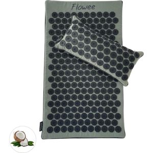 Flowee Spijkermat ECO & spijkerkussen SET - Groen met grijs - Vulling Kokosvezels & Boekweitkaf (77x45+22x44cm) - Acupressuur Mat - Spijkerbed - Acupunctuur - Shakti Massage