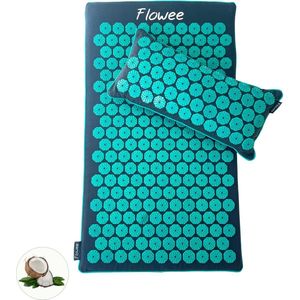 Flowee Spijkermat ECO & spijkerkussen SET - Grijs met zeegroen - Vulling Kokosvezels & Boekweitkaf (77x45+22x44cm) - Acupressuur Mat - Spijkerbed - Acupunctuur - Shakti Massage