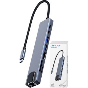 Nuvance USB C Hub 3.0 - 8 Poorten - Ethernet - HDMI - Micro SD - Grijs