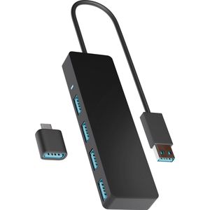 Nuvance - USB 3.0 Hub - 4 Poorten - Inclusief USB C Converter - USB Splitter - Zwart