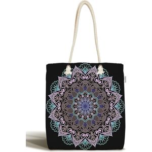 Schoudertas dames met rits - Kleurrijke mandala op zwart - Canvas 45x50 - Strandtas - Shopper tas - Dames tassen - Zomer - Hobby