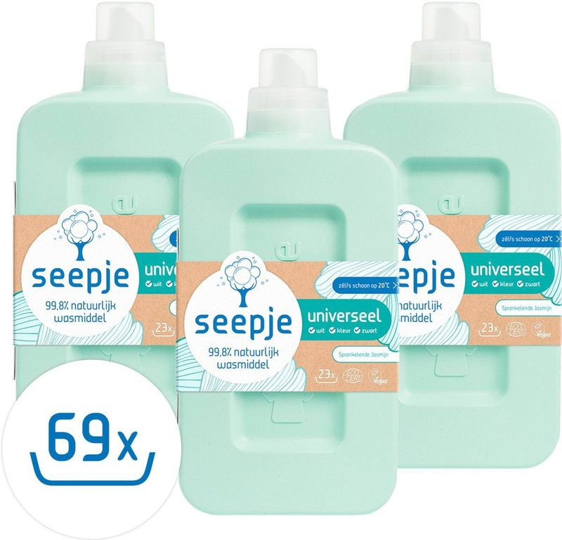 Seepje Wasmiddel - Sprankelende Jasmijn - Wasmiddel Universeel - Kwartaalpakket – 3 x 23 wasbeurten - 3 x 1L