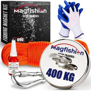 Magfishion Magneetvissen Set 400 KG - Vismagneet - 20 Meter Lang Touw + Karabijnhaak met Schroefsluiting - Handschoenen - Borgmiddel - Magneetvissen Starterspakket - Magneet Vissen - Outdoor - Magneetvissen Kinderen