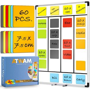 ATWAM Scrum Magneten - Whiteboard magneet - 60 stuks - Herschrijfbare Magneten - Kanban - 7,5 cm Breed x 7,5 cm Lang - 6 Kleuren