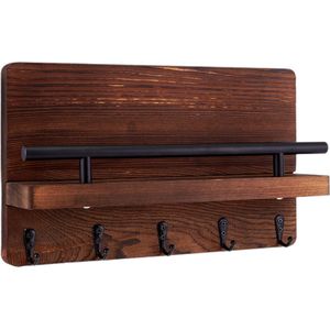 Sleutelrekje - Hout - Donker Bruin - 5 Haken - Met Plankje