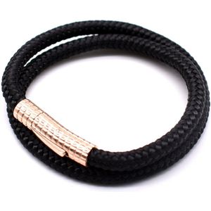 Armband zwart 19.5cm - Touwarmband met rosegoudkleurig hoogglans sluiting heren en dames - met Cadeauverpakking van Mauro Vinci