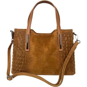 TOUTESTBELLE - Stevige suede leren tas met schouderriem croco mat - Handtas - Dames - Cognac bruin