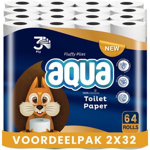 AQUA - Tripple Soft - 2x32 rollen WC papier - 64Rollen - 3 Laags Toiletpapier, Extra Zacht & Pluisvrij, Tripple comfort - Voordeelverpakking WC Papier