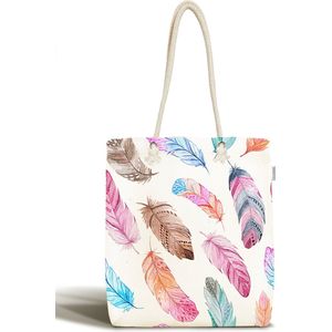 Schoudertas dames met rits - Kleurrijke veren - Canvas 45x50 - Strandtas - Shopper tas - Dames tassen - Zomer - Hobby