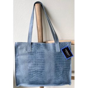 Lundholm tas dames schoudertas shopper dames met rits - shopper schooltas blauw - echt leer - kroko design | Lundholm Öland serie