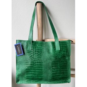 Lundholm tas dames schoudertas shopper dames met rits - shopper schooltas groen - echt leer - kroko design | Lundholm Öland serie