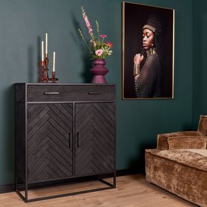Highboard zwart mangohout met visgraat motief 115 cm