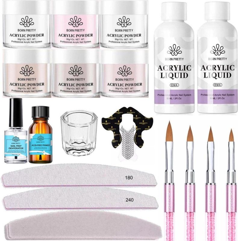 Kunstnagels - Acrylpoeder en Vloeistof Set - 6x30ml en 2x60ml - Inclusief Penselen en Sjablonen