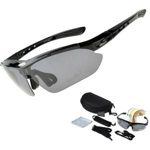 Voltano Fietsbril / Sportbril - Zwart - Inclusief 5 Gratis Lenzen, Optische Clip, Opberghoes, Nekkoord, Hoofdband en Schoonmaak Doekje, - Bril Voor Op De Fiets