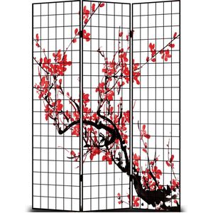 Fine Asianliving Japans Kamerscherm Scheidingswand B120xH180cm 3 Panelen Kersenbloesems Zwart Canvas Scherm Twee-zijdig Print Art 203-304-3