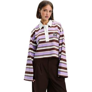 Refined Department - T-shirt - Bruin met Lila Strepen - Dames - Korte Mouwen - Knitted Cropped Polo