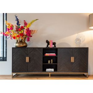 Richmond Dressoir Zwartbone Brass 4-deuren + Open Vak - Eikenhout/Metaal - 87x225cm
