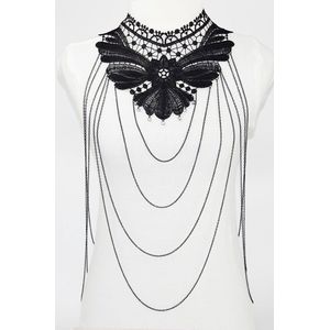 KIMU Body Chain Zwart Kant Kraagje - Lichaamsketting Victoriaans Sexy Lace Buikketting Lichaam Ketting Harnas - Steampunk Collar Zwarte Choker Festival