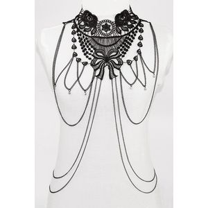 KIMU Body Chain Zwart Kant Strik - Lichaamsketting Victoriaans Sexy Lace Buikketting Lichaam Ketting Harnas - Steampunk Collar Zwarte Choker Festival