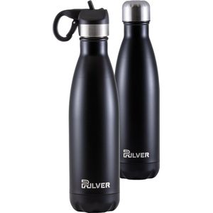 Pulver - Luxe RVS Thermosbeker / Drinkfles - BPA Vrij - 500 ml - Waterfles met Rietje en isolatie - Drinkfles - Dubbele isolatie - Kinderen & volwassenen - Zwart