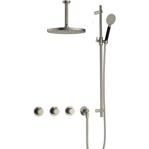 Hotbath Cobber IBS70 inbouw doucheset met 2 stopkranen met ronde handdouche, plafondbuis 15 cm, m106 en glijstang - Geborsteld nikkel