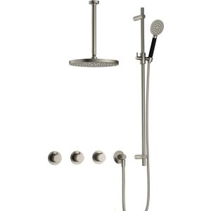 Hotbath Cobber IBS70 inbouw doucheset met 2 stopkranen met ronde handdouche, plafondbuis 30 cm, m106 en glijstang - Geborsteld nikkel