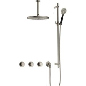 Hotbath Cobber X IBSX70 inbouw doucheset met 2 stopkranen met ronde handdouche, plafondbuis 15 cm, m106 en glijstang - Geborsteld nikkel