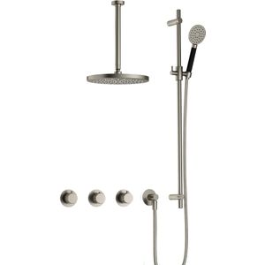 Hotbath Cobber X IBSX70 inbouw doucheset met 2 stopkranen met ronde handdouche, plafondbuis 30 cm, m106 en glijstang - Geborsteld nikkel