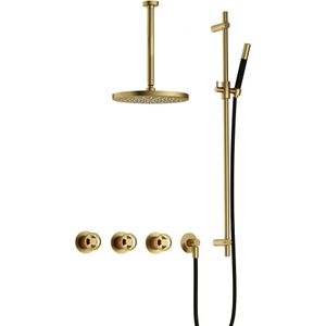 Hotbath - Cobber IBSW70 - Inbouw Doucheset - Geborsteld Messing PVD - Met 2 Stopkranen en Plafondbuis 30 Cm