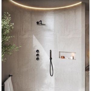 Complete Thermostatische Douche InBouwSet Hotbath Archie Met 2 stopkranen Met Handdouche Rond En 30 CM Hoofddouche (8mm dik) Geborsteld Gunmetal PVD