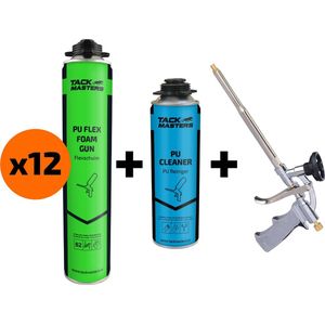 Tackmasters - PU FlexFoam Gun Combideal - 12x PU FlexFoam + NBS Gun + PU Cleaner - 12x Bussen 750ml - Pur - Polyurethaan - Purschuim - Flexibele Purschuim - Pur voor pistool - Bouwschuim - Isolatieschuim - AANBIEDING