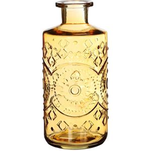 Ideas4seasons Bloemenvaas/flesvaas Berlin - met motief - helder glas - okergeel - D9 x H21 cm