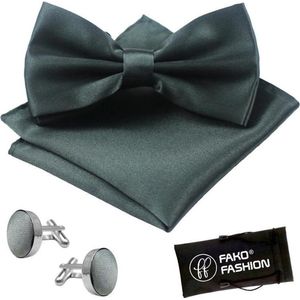 Fako Fashion® - Vlinderstrik, Pochette & Manchetknopen - Vlinderdas - Strikje - Pochet - Satijn - Donkergrijs