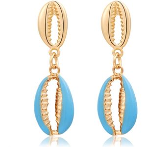 Goudkleurige dames oorbellen hangers met dubbele blauwe schelpjes