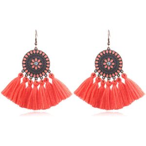 Bohemian Ibiza oorbellen hangers met katoenen kwastjes kleur roze