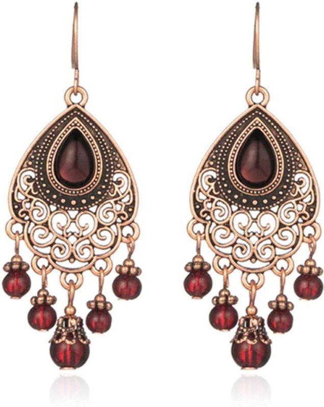 Bohemian - Oorhangers - Goudkleurig - Donkerrood - Metaallegering