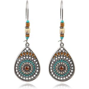 Dames Druppel Boho Oorbellen Zilver Multicolor Turquoise Stenen 62 X 18mm