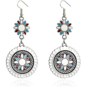 Ronde dames oorhangers met bloemvorm Ibiza multicolor wit